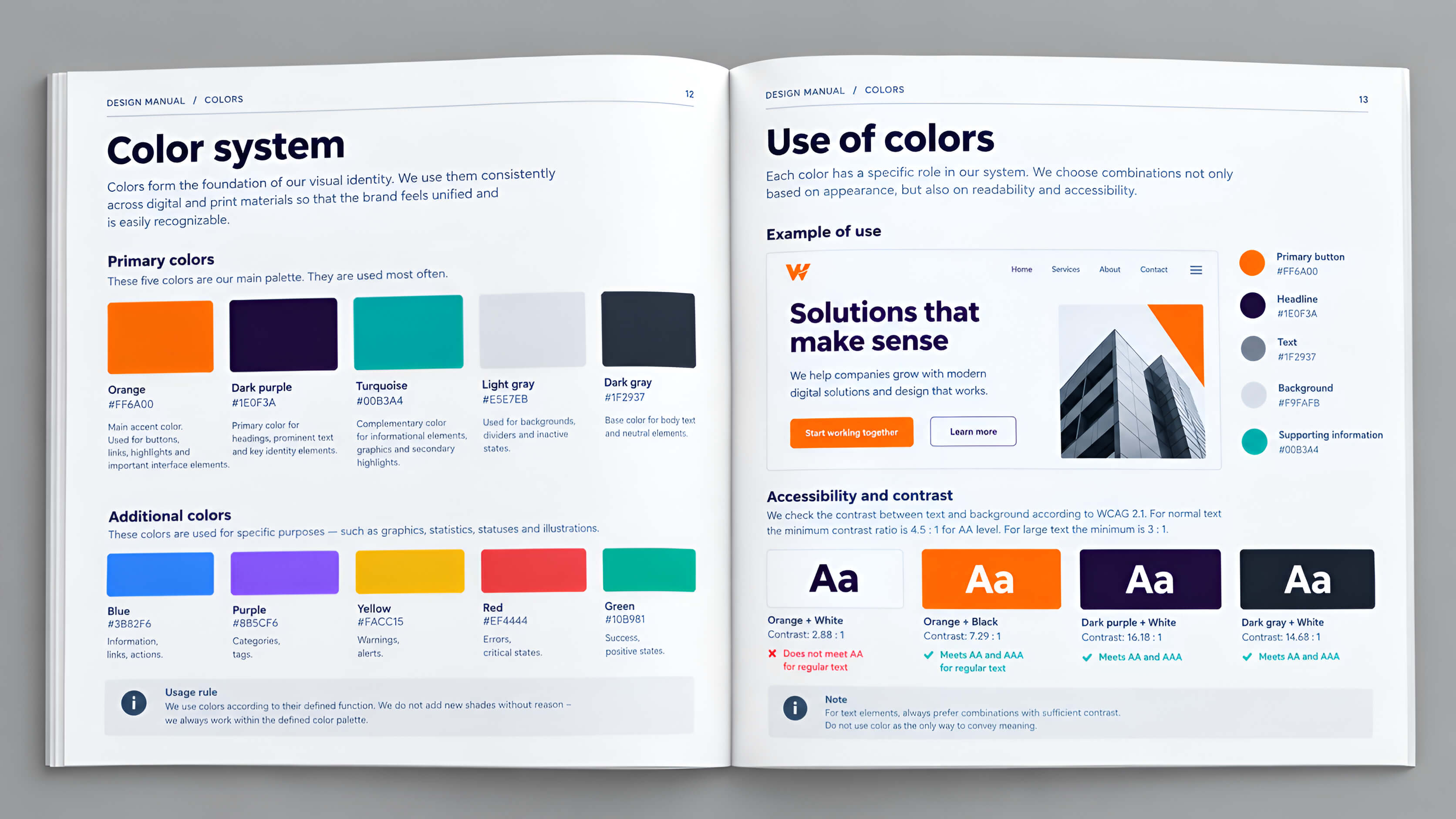 Example of a colour palette and type scale in a design manual