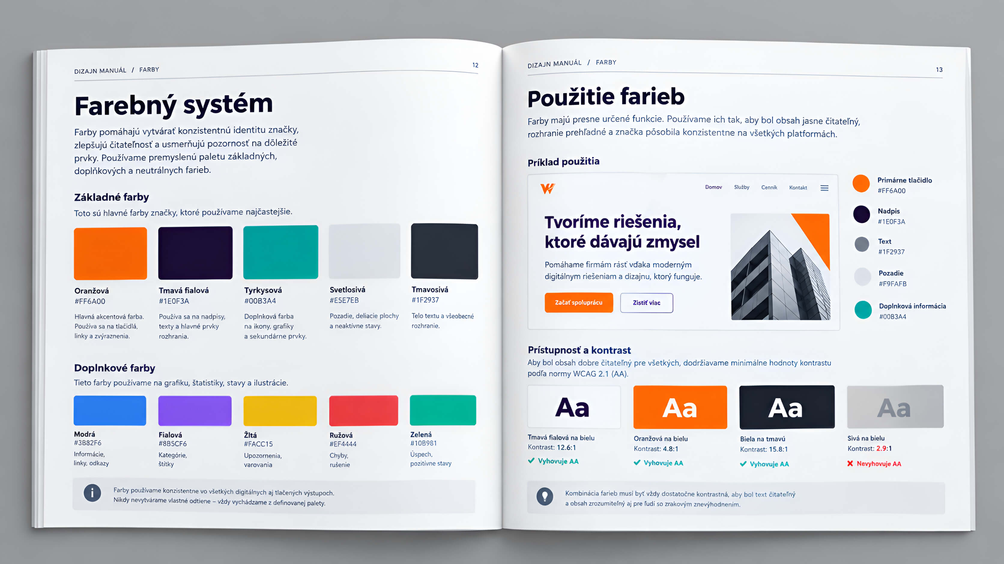 Ukážka farebnej palety a typografickej škály v dizajn manuáli